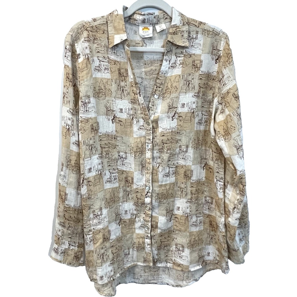 C&C California Women's L Shirt 100% Linen Button Down Long Sleeve Italian Icons